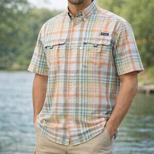 Columbia PFG Super Bahama Shirt Men Large Plaid Short Sleeve Fishing Button Down